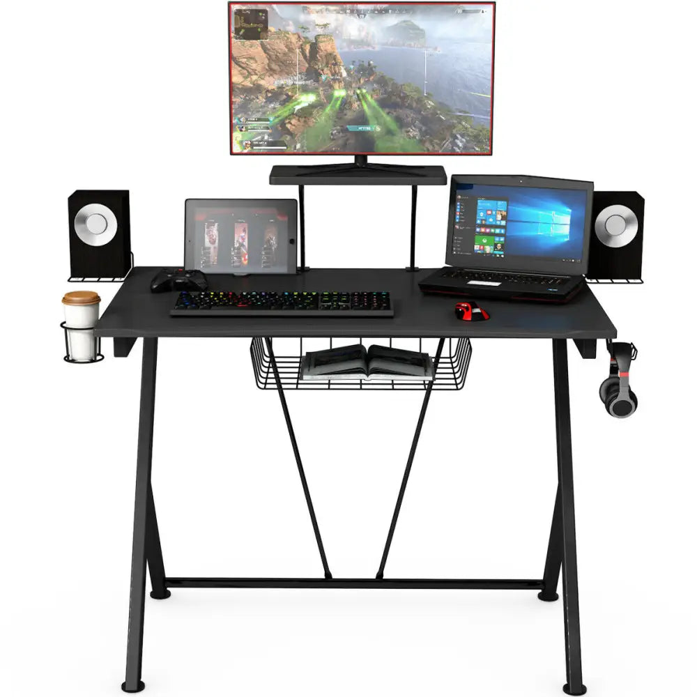 Multifunctional E-Sport Gaming Desk with Headset Hook and Cup Holder - Black - Gaming Desks