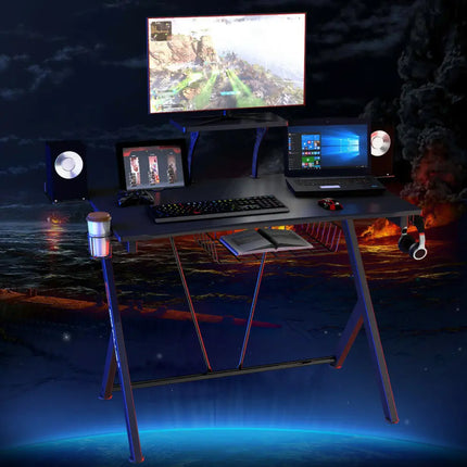 Multifunctional E-Sport Gaming Desk with Headset Hook and Cup Holder - Black - Gaming Desks