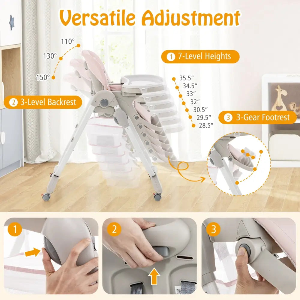 Multifunctional Folding Baby High Chair with Rolling Wheels and Adjustable Height-Pink - Pink - High Chairs