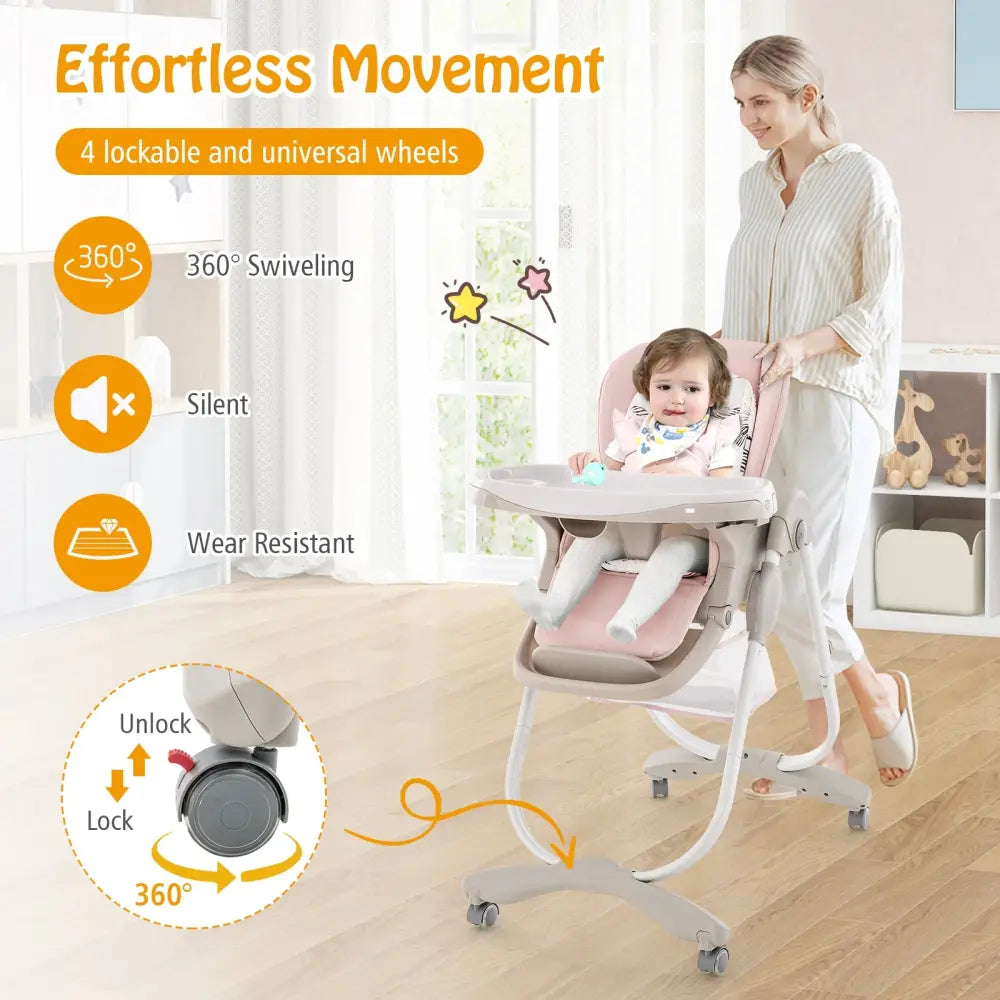 Multifunctional Folding Baby High Chair with Rolling Wheels and Adjustable Height-Pink - Pink - High Chairs