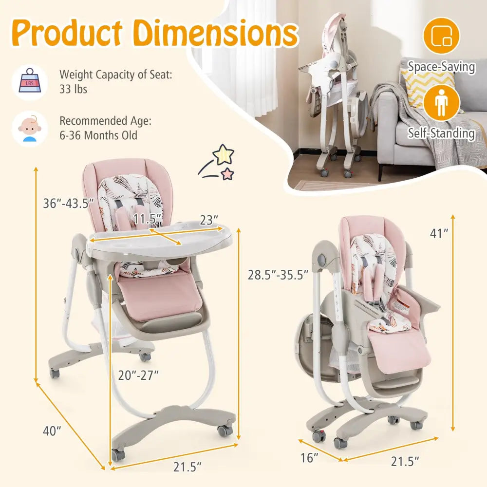 Multifunctional Folding Baby High Chair with Rolling Wheels and Adjustable Height-Pink - Pink - High Chairs