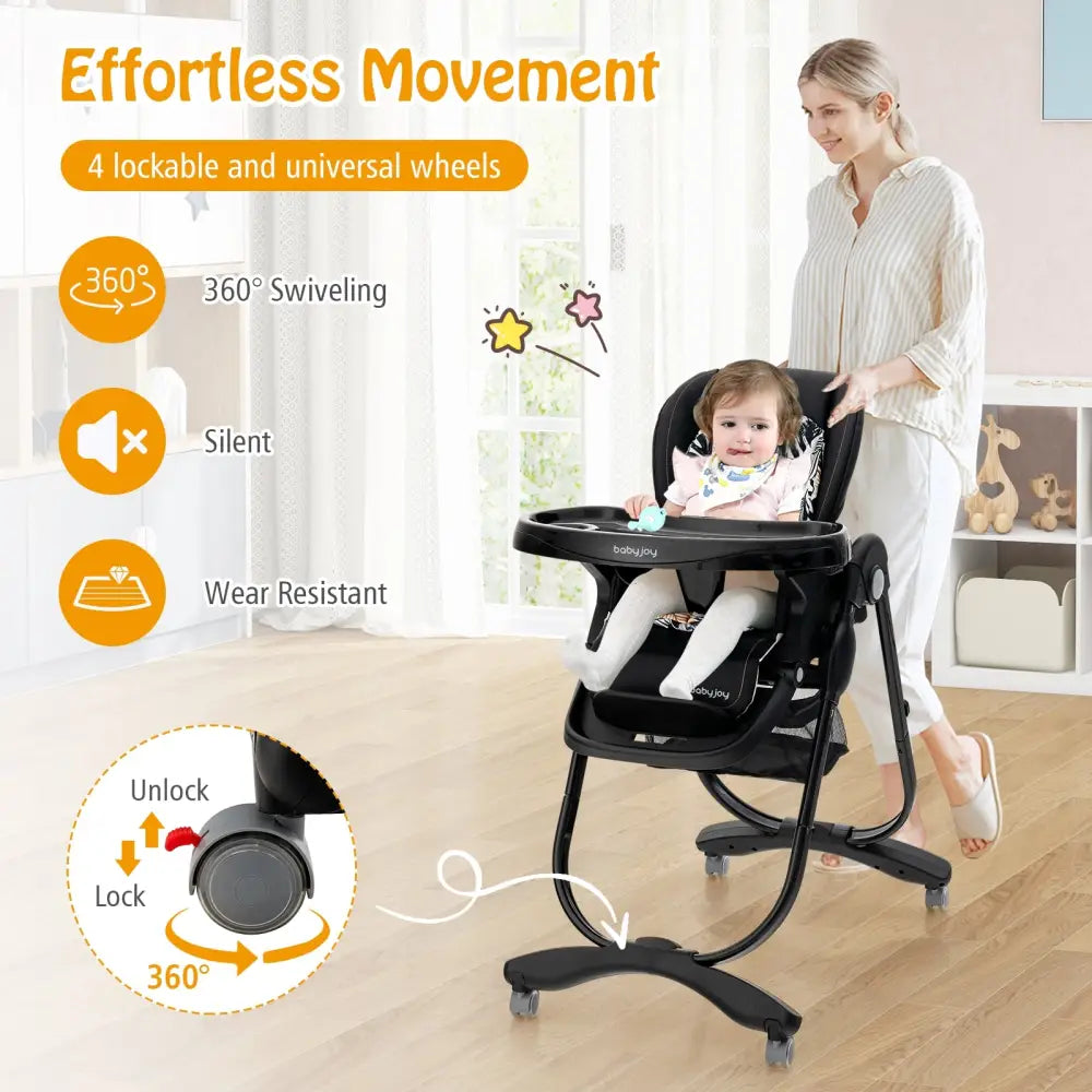 Multifunctional Folding Baby High Chair with Rolling Wheels and Adjustable Height-Black - Black - High Chairs
