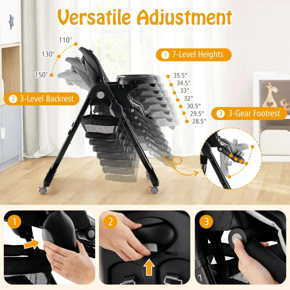 Multifunctional Folding Baby High Chair with Rolling Wheels and Adjustable Height-Black - Black - High Chairs