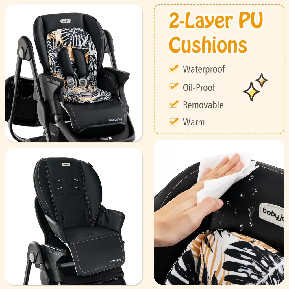 Multifunctional Folding Baby High Chair with Rolling Wheels and Adjustable Height-Black - Black - High Chairs