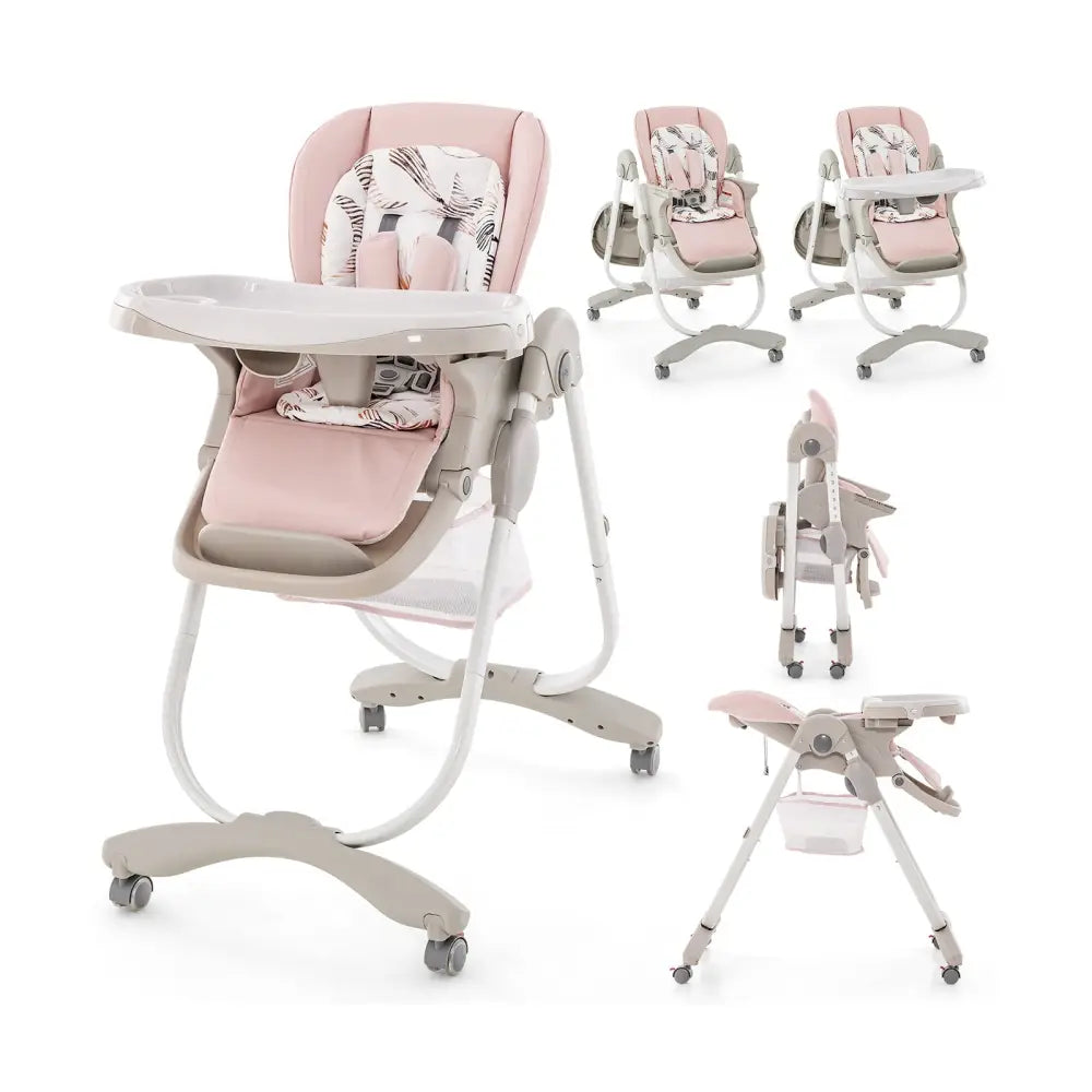 Multifunctional Folding Baby High Chair with Rolling Wheels and Adjustable Height-Pink - Pink - High Chairs