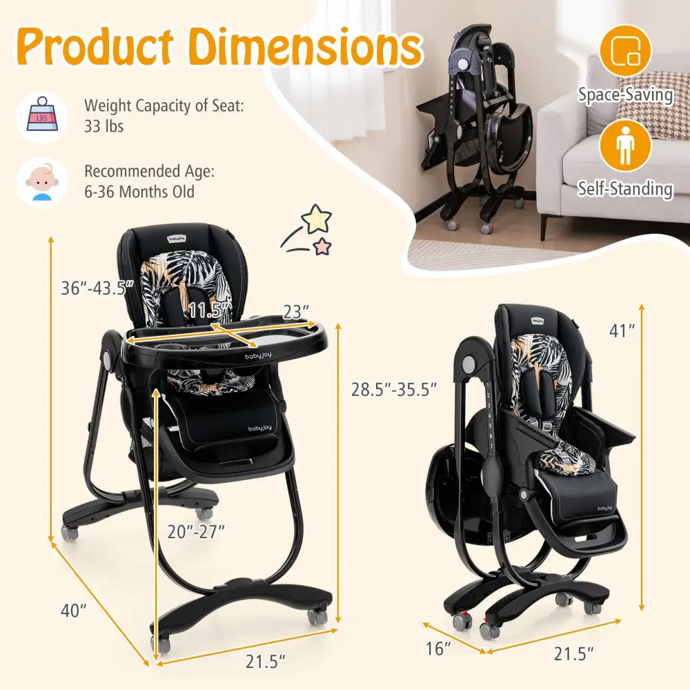 Multifunctional Folding Baby High Chair with Rolling Wheels and Adjustable Height-Black - Black - High Chairs