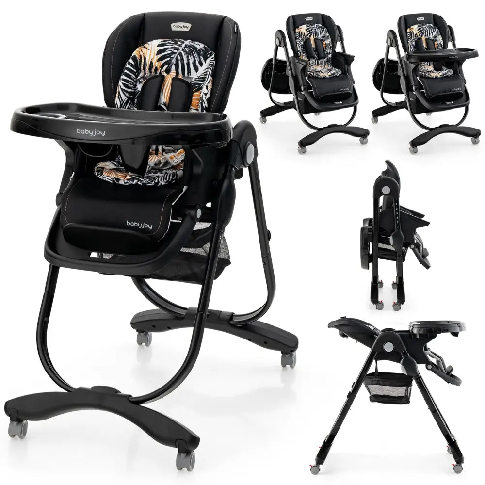 Multifunctional Folding Baby High Chair with Rolling Wheels and Adjustable Height-Black - Black - High Chairs