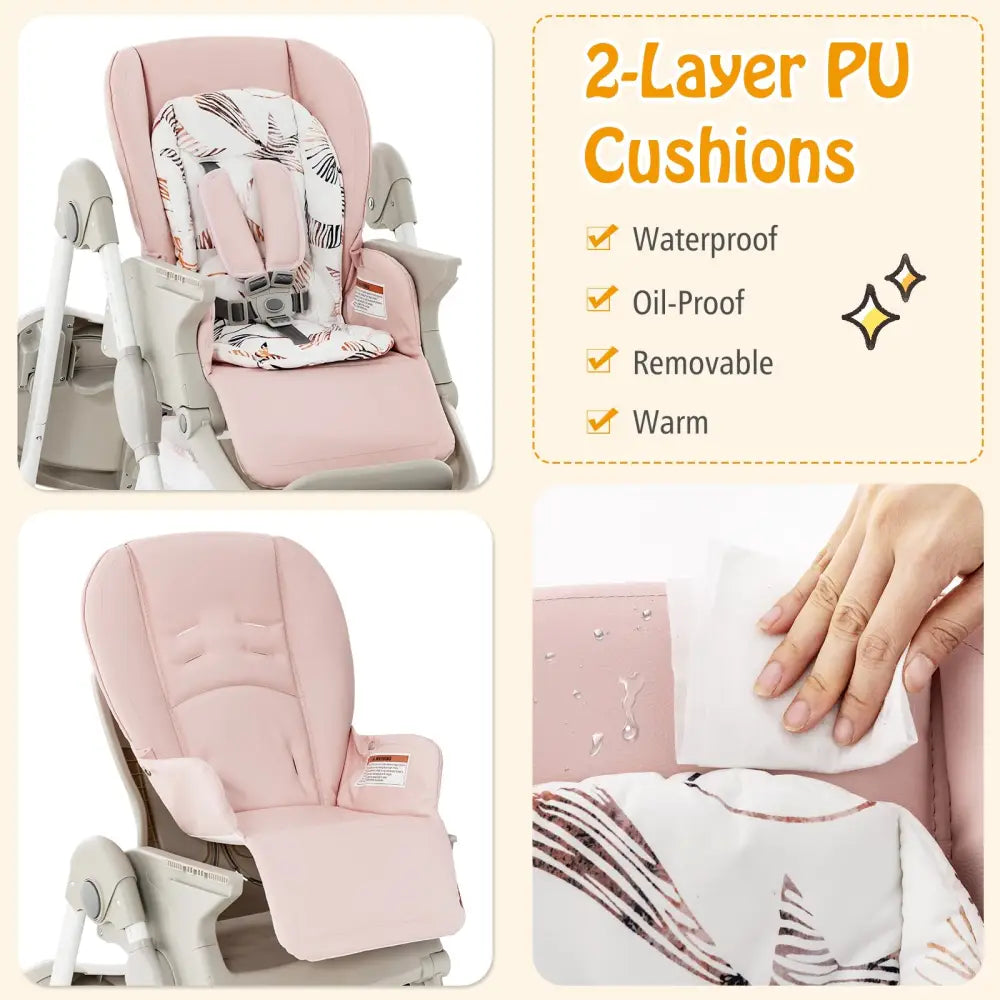 Multifunctional Folding Baby High Chair with Rolling Wheels and Adjustable Height-Pink - Pink - High Chairs
