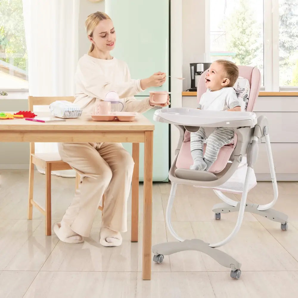 Multifunctional Folding Baby High Chair with Rolling Wheels and Adjustable Height-Pink - Pink - High Chairs