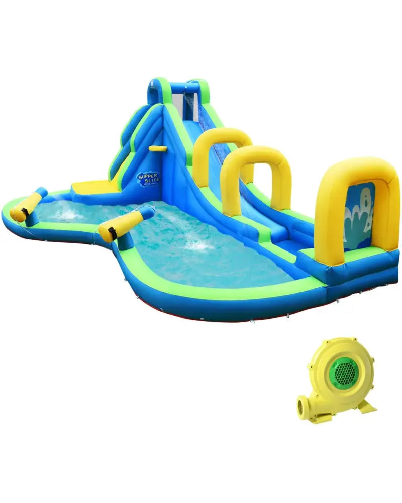 Multifunctional Inflatable Water Bounce with 735W Blower - Blue - Inflatable Water Slides
