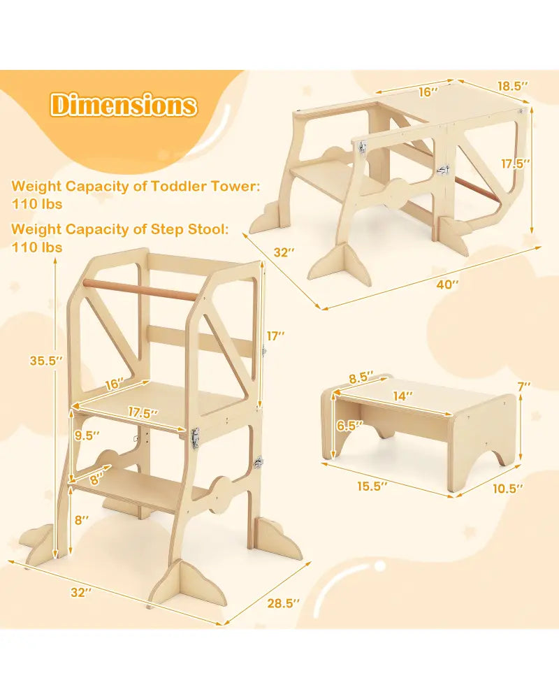 Multifunctional Kids Kitchen Step Stool with Removable Safety Bar and Fixing Buckles - Toddler & Kids Furniture