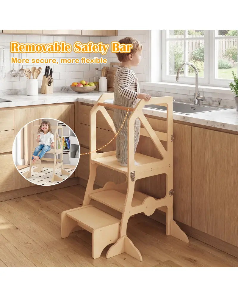 Multifunctional Kids Kitchen Step Stool with Removable Safety Bar and Fixing Buckles - Toddler & Kids Furniture