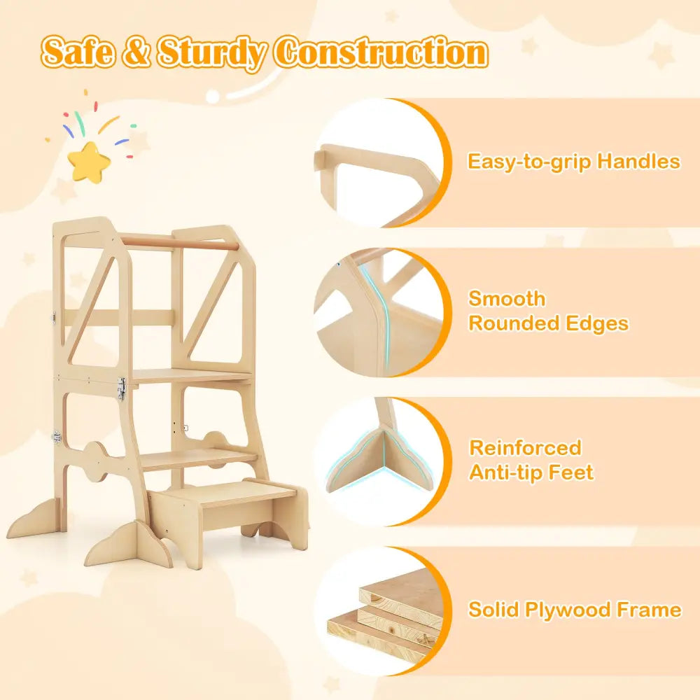 Multifunctional Kids Kitchen Step Stool with Removable Safety Bar and Fixing Buckles - Toddler & Kids Furniture