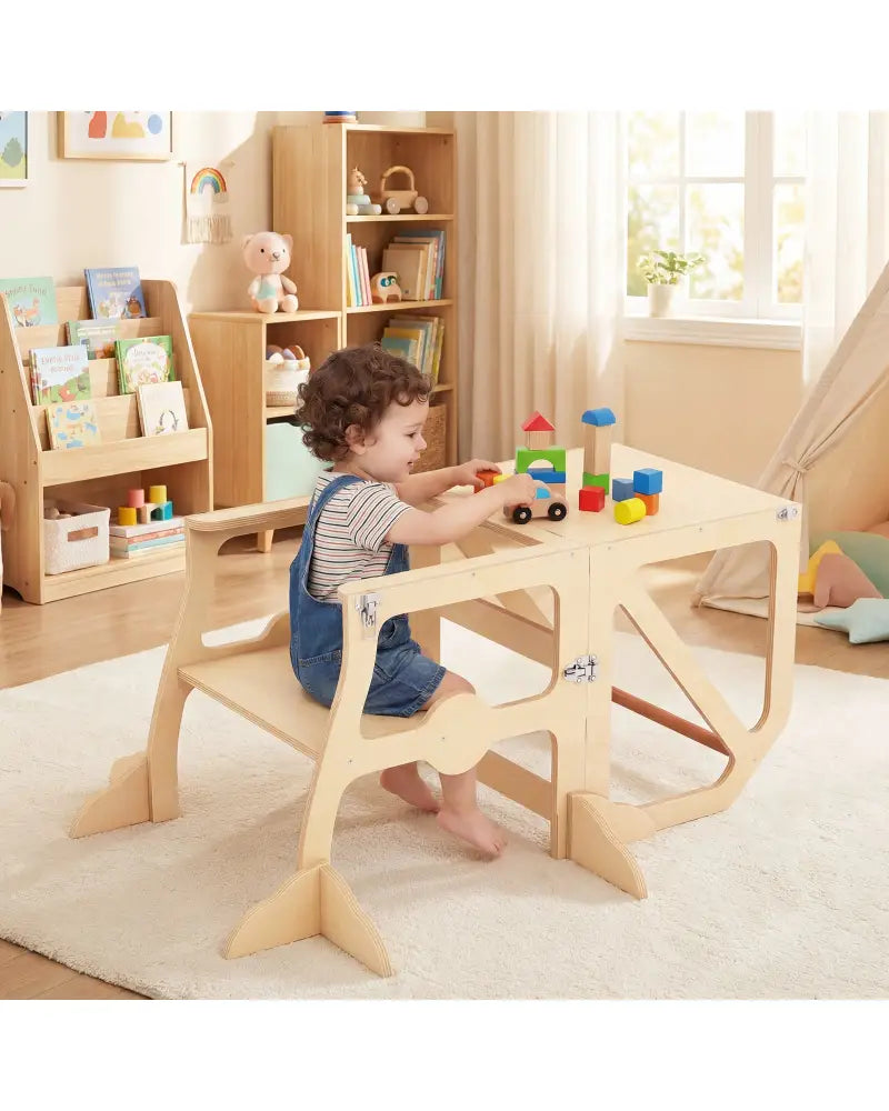 Multifunctional Kids Kitchen Step Stool with Removable Safety Bar and Fixing Buckles - Toddler & Kids Furniture