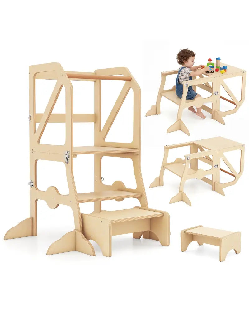 Multifunctional Kids Kitchen Step Stool with Removable Safety Bar and Fixing Buckles - Toddler & Kids Furniture