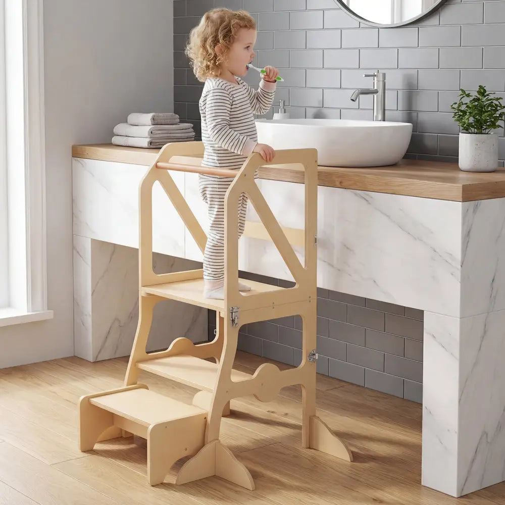 Multifunctional Kids Kitchen Step Stool with Removable Safety Bar and Fixing Buckles - Toddler & Kids Furniture