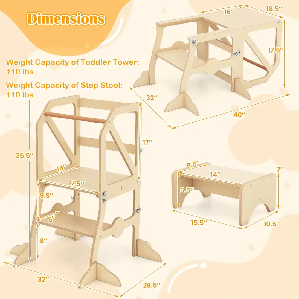 Multifunctional Kids Kitchen Step Stool with Removable Safety Bar and Fixing Buckles - Toddler & Kids Furniture