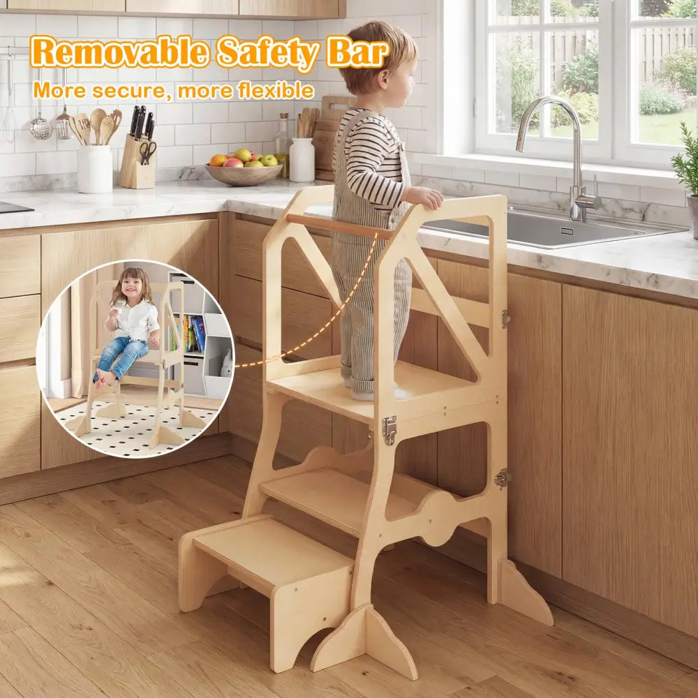 Multifunctional Kids Kitchen Step Stool with Removable Safety Bar and Fixing Buckles - Toddler & Kids Furniture