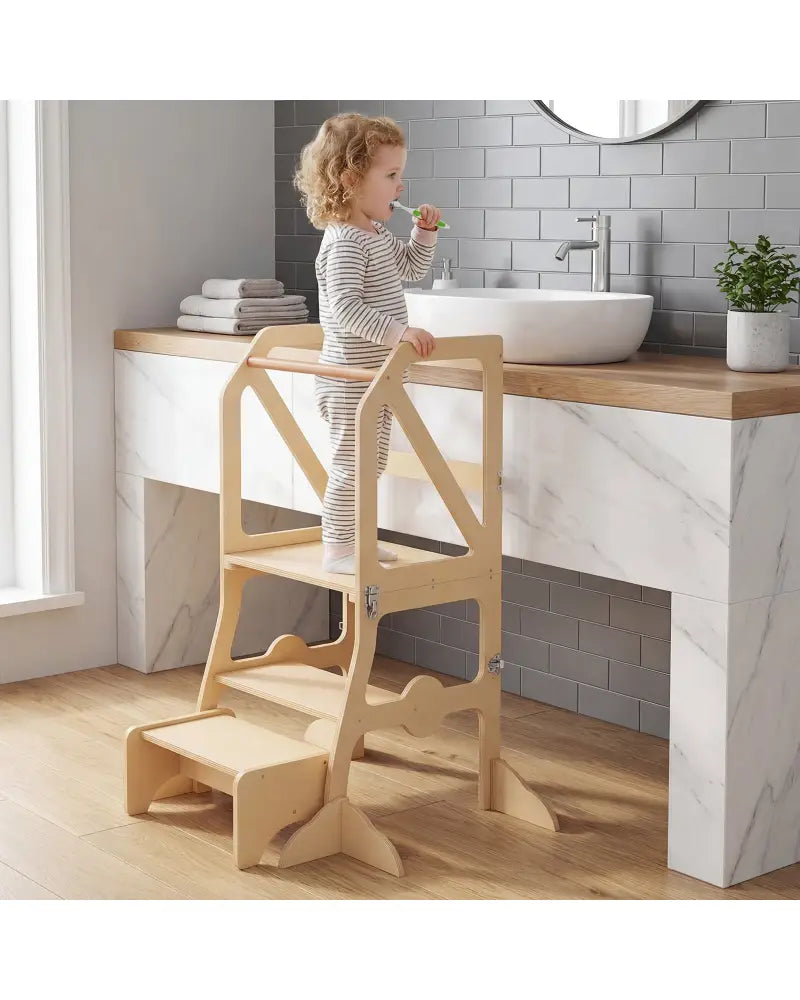 Multifunctional Kids Kitchen Step Stool with Removable Safety Bar and Fixing Buckles - Toddler & Kids Furniture