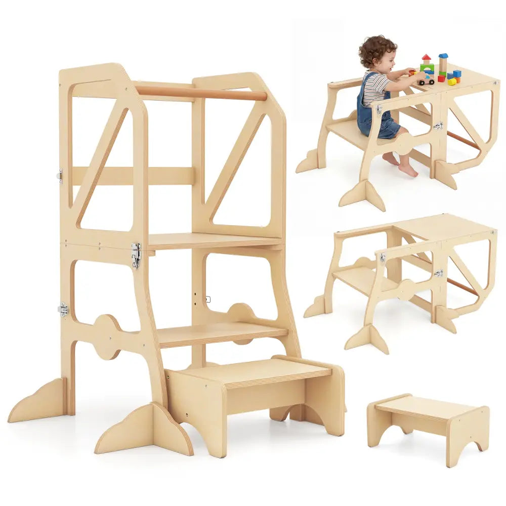 Multifunctional Kids Kitchen Step Stool with Removable Safety Bar and Fixing Buckles - Toddler & Kids Furniture
