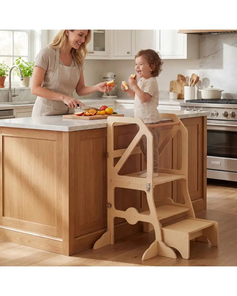 Multifunctional Kids Kitchen Step Stool with Removable Safety Bar and Fixing Buckles - Toddler & Kids Furniture