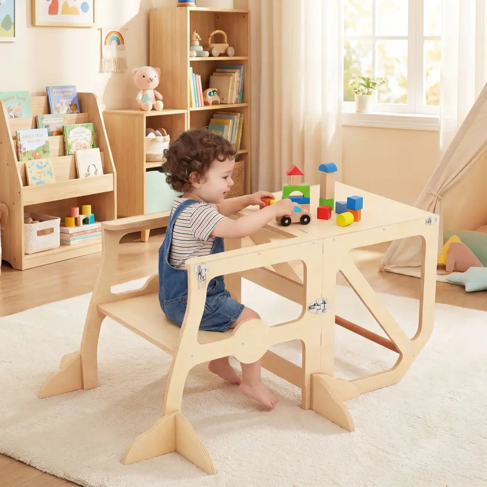 Multifunctional Kids Kitchen Step Stool with Removable Safety Bar and Fixing Buckles - Toddler & Kids Furniture