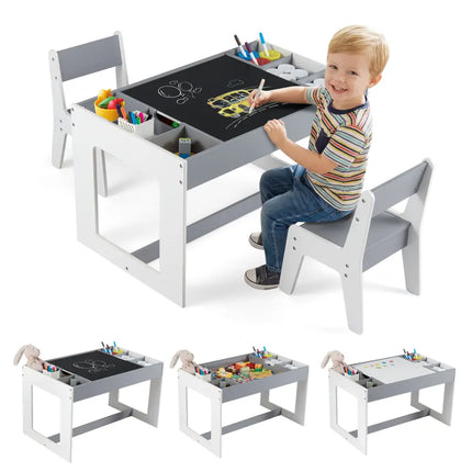 Multifunctional Kids Table and 2 Chairs Set with Chalkboard-Gray - Gray - Kids Table & Chair Sets