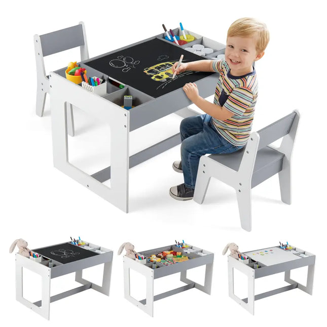 Multifunctional Kids Table and 2 Chairs Set with Chalkboard-Gray - Gray - Kids Table & Chair Sets