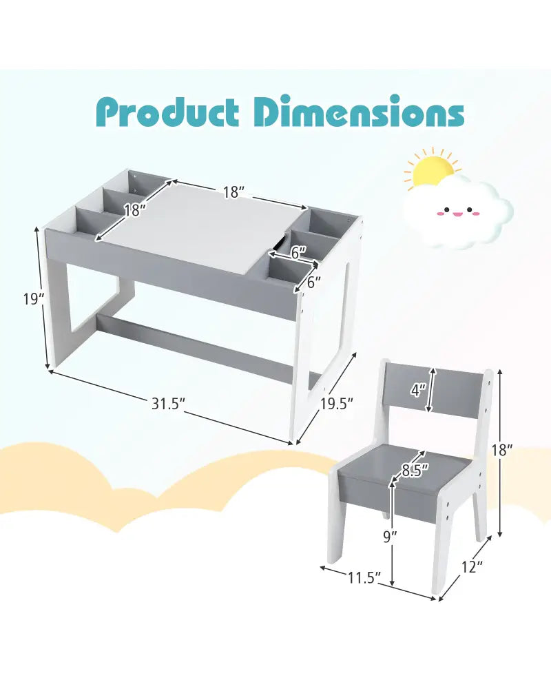 Multifunctional Kids Table and 2 Chairs Set with Chalkboard-Gray - Gray - Kids Table & Chair Sets