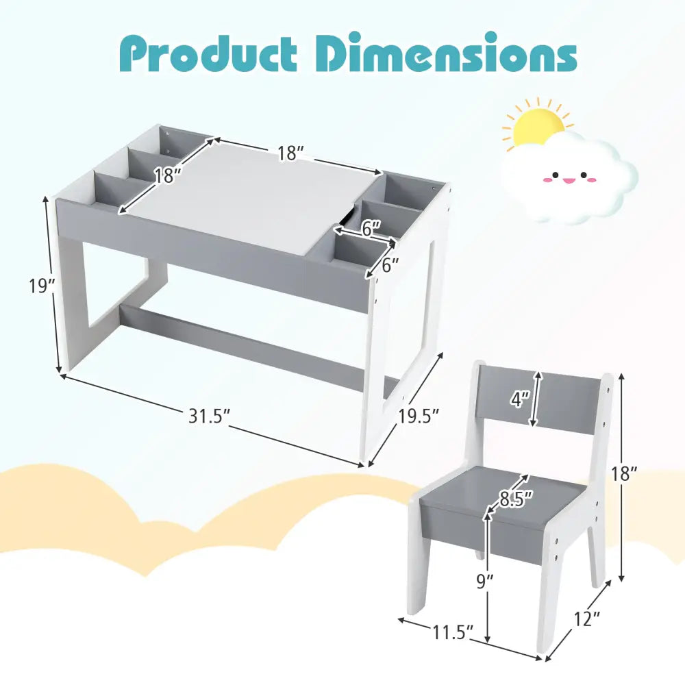 Multifunctional Kids Table and 2 Chairs Set with Chalkboard-Gray - Gray - Kids Table & Chair Sets