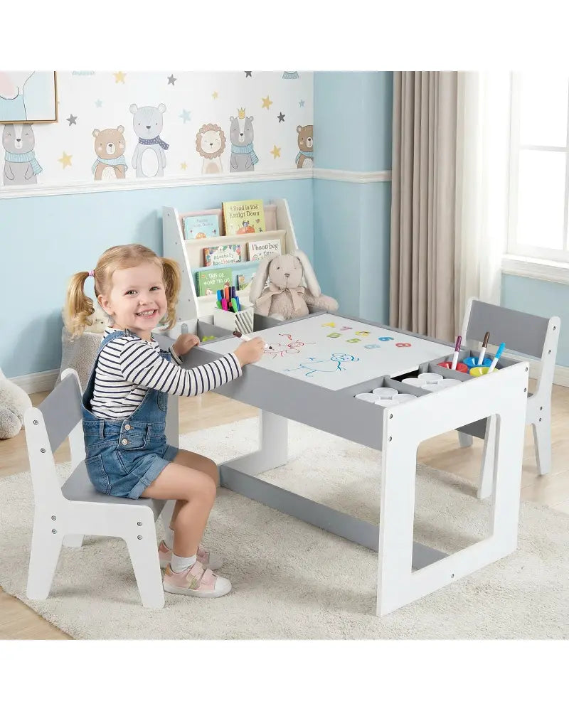 Multifunctional Kids Table and 2 Chairs Set with Chalkboard-Gray - Gray - Kids Table & Chair Sets