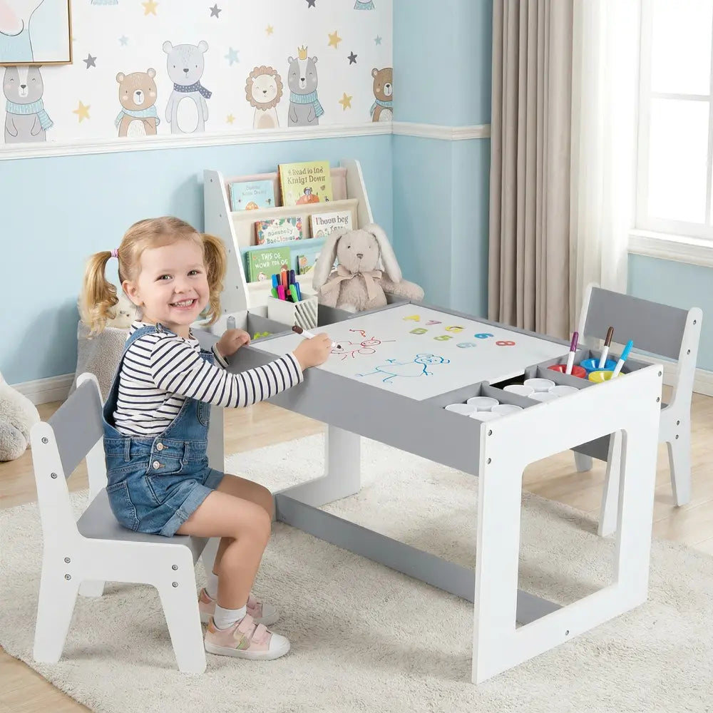 Multifunctional Kids Table and 2 Chairs Set with Chalkboard-Gray - Gray - Kids Table & Chair Sets