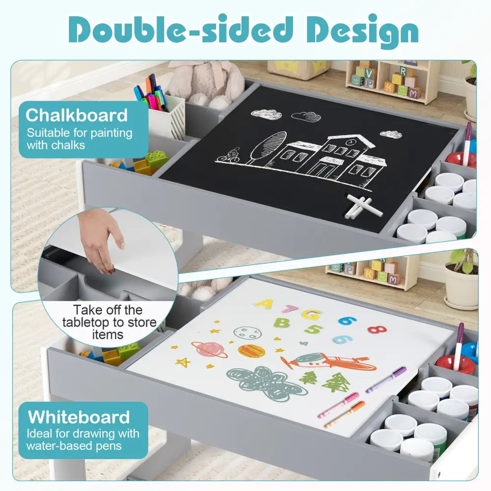 Multifunctional Kids Table and 2 Chairs Set with Chalkboard-Gray - Gray - Kids Table & Chair Sets