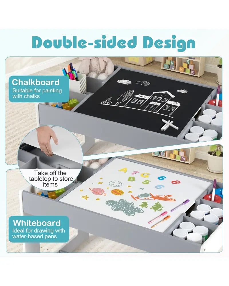 Multifunctional Kids Table and 2 Chairs Set with Chalkboard-Gray - Gray - Kids Table & Chair Sets