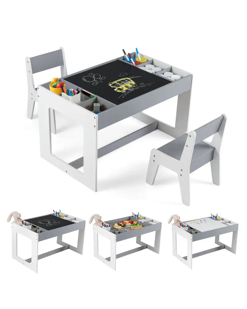 Multifunctional Kids Table and 2 Chairs Set with Chalkboard-Gray - Gray - Kids Table & Chair Sets