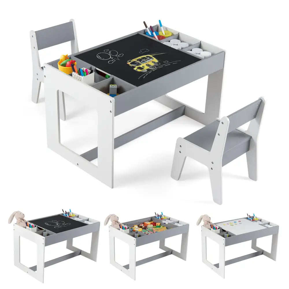 Multifunctional Kids Table and 2 Chairs Set with Chalkboard-Gray - Gray - Kids Table & Chair Sets