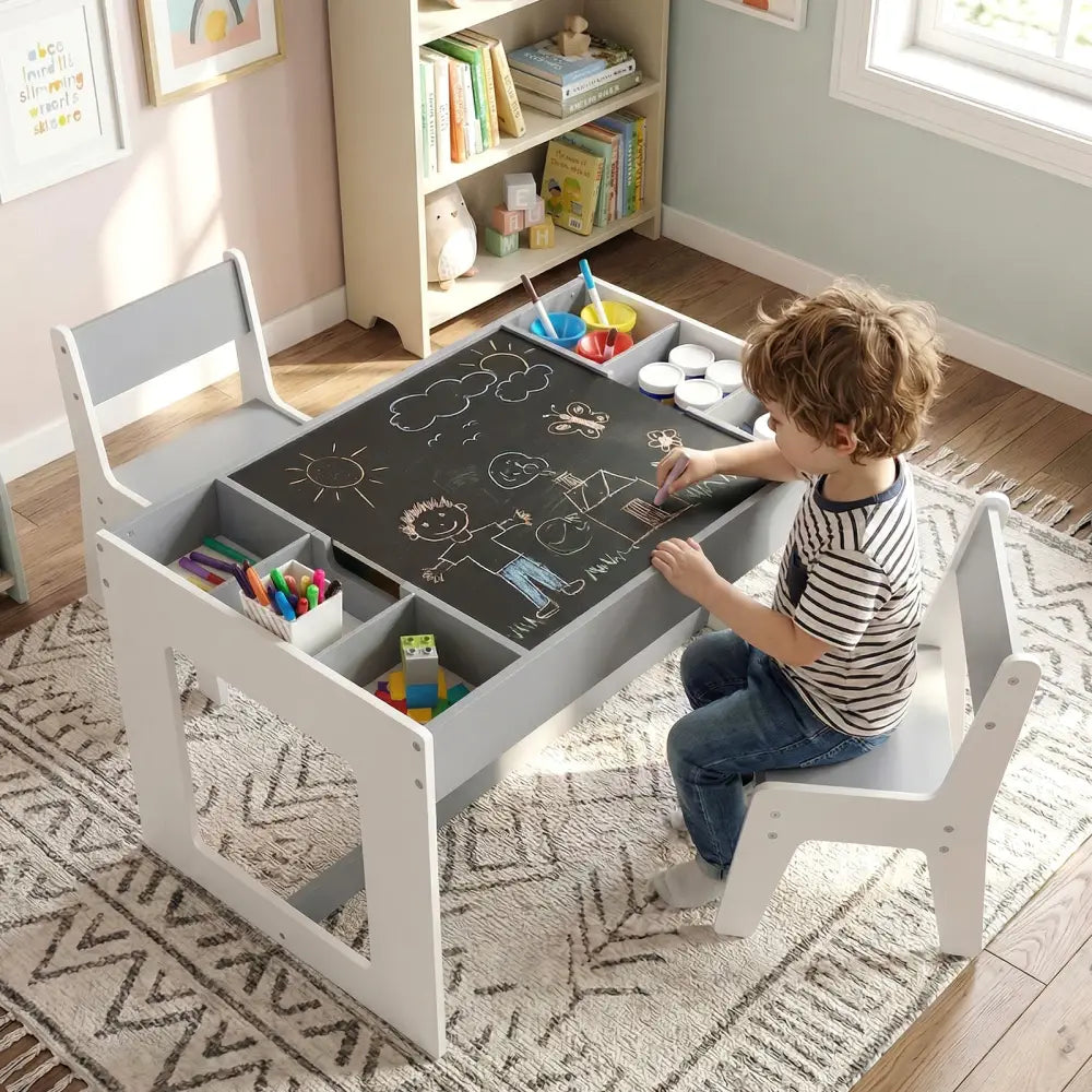 Multifunctional Kids Table and 2 Chairs Set with Chalkboard-Gray - Gray - Kids Table & Chair Sets