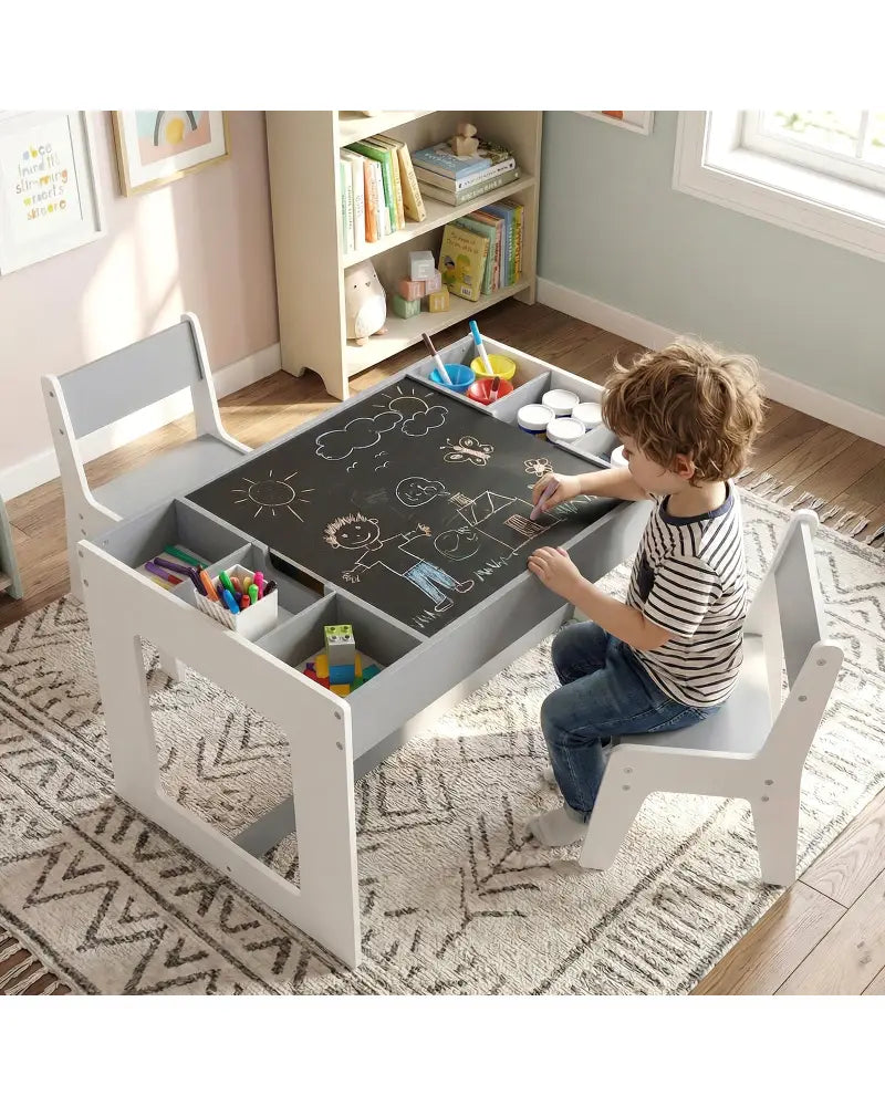 Multifunctional Kids Table and 2 Chairs Set with Chalkboard-Gray - Gray - Kids Table & Chair Sets