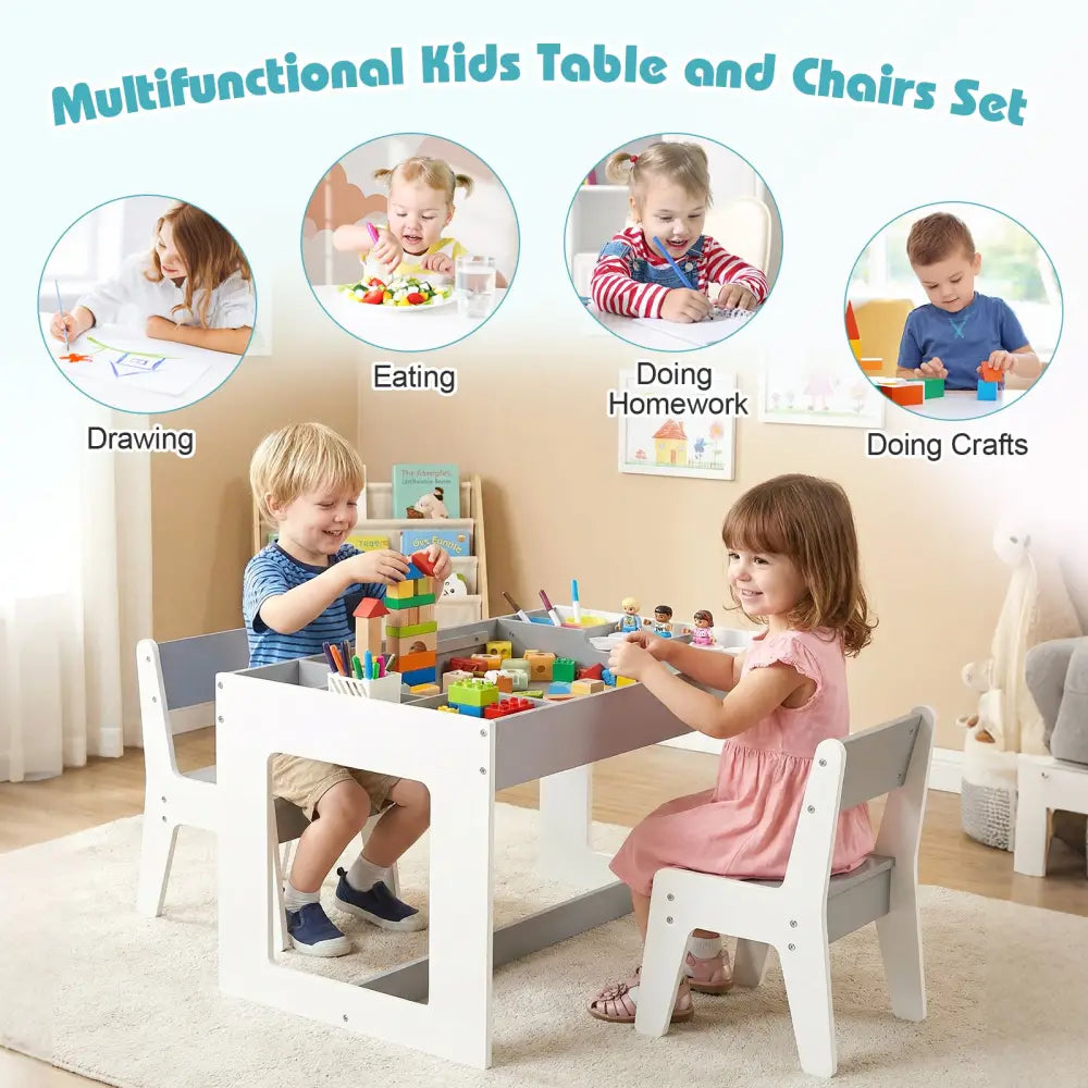 Multifunctional Kids Table and 2 Chairs Set with Chalkboard-Gray - Gray - Kids Table & Chair Sets