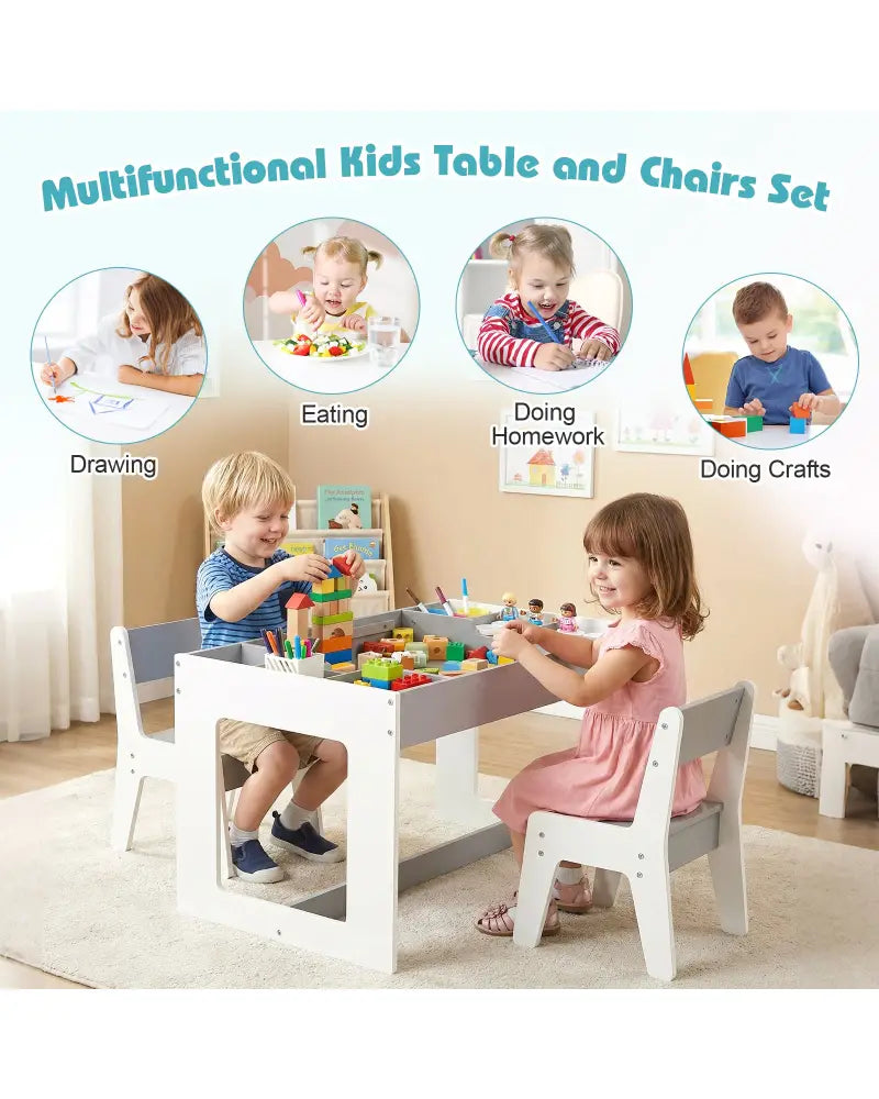 Multifunctional Kids Table and 2 Chairs Set with Chalkboard-Gray - Gray - Kids Table & Chair Sets