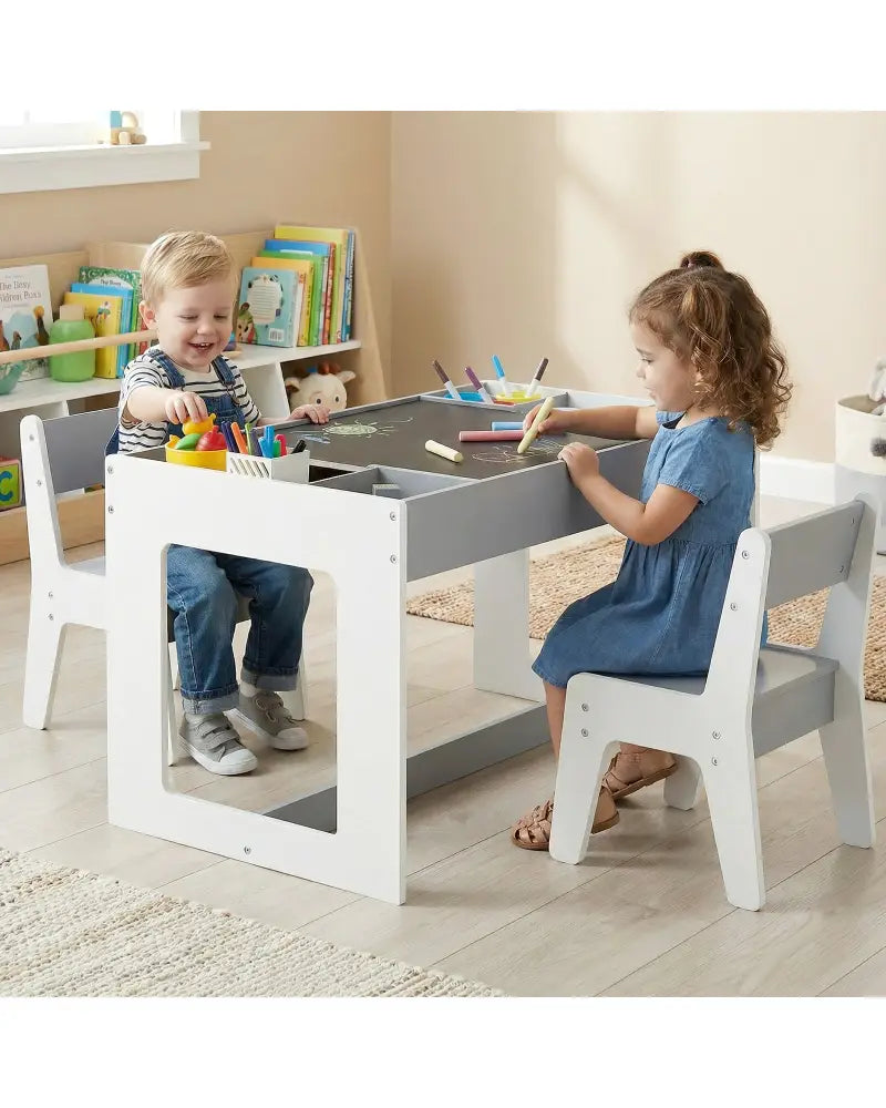 Multifunctional Kids Table and 2 Chairs Set with Chalkboard-Gray - Gray - Kids Table & Chair Sets