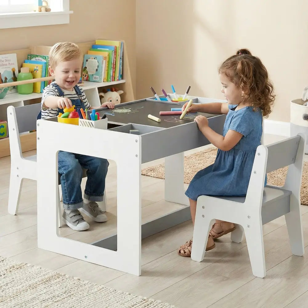 Multifunctional Kids Table and 2 Chairs Set with Chalkboard-Gray - Gray - Kids Table & Chair Sets