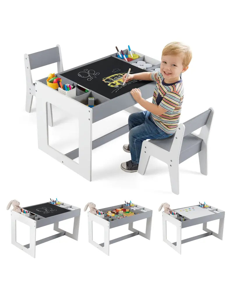 Multifunctional Kids Table and 2 Chairs Set with Chalkboard-Gray - Gray - Kids Table & Chair Sets
