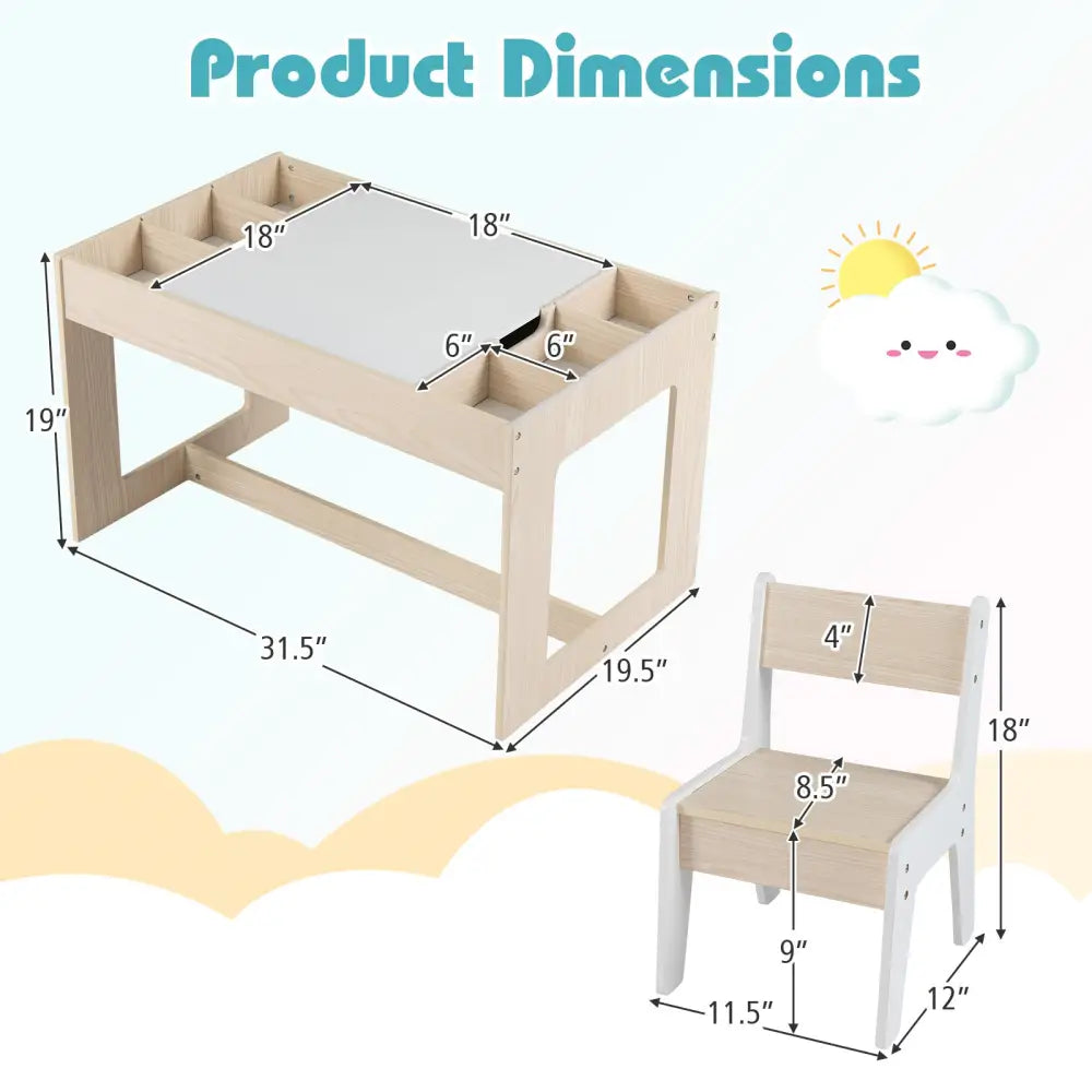 Multifunctional Kids Table and 2 Chairs Set with Chalkboard-Natural - Natural - Kids Table & Chair Sets