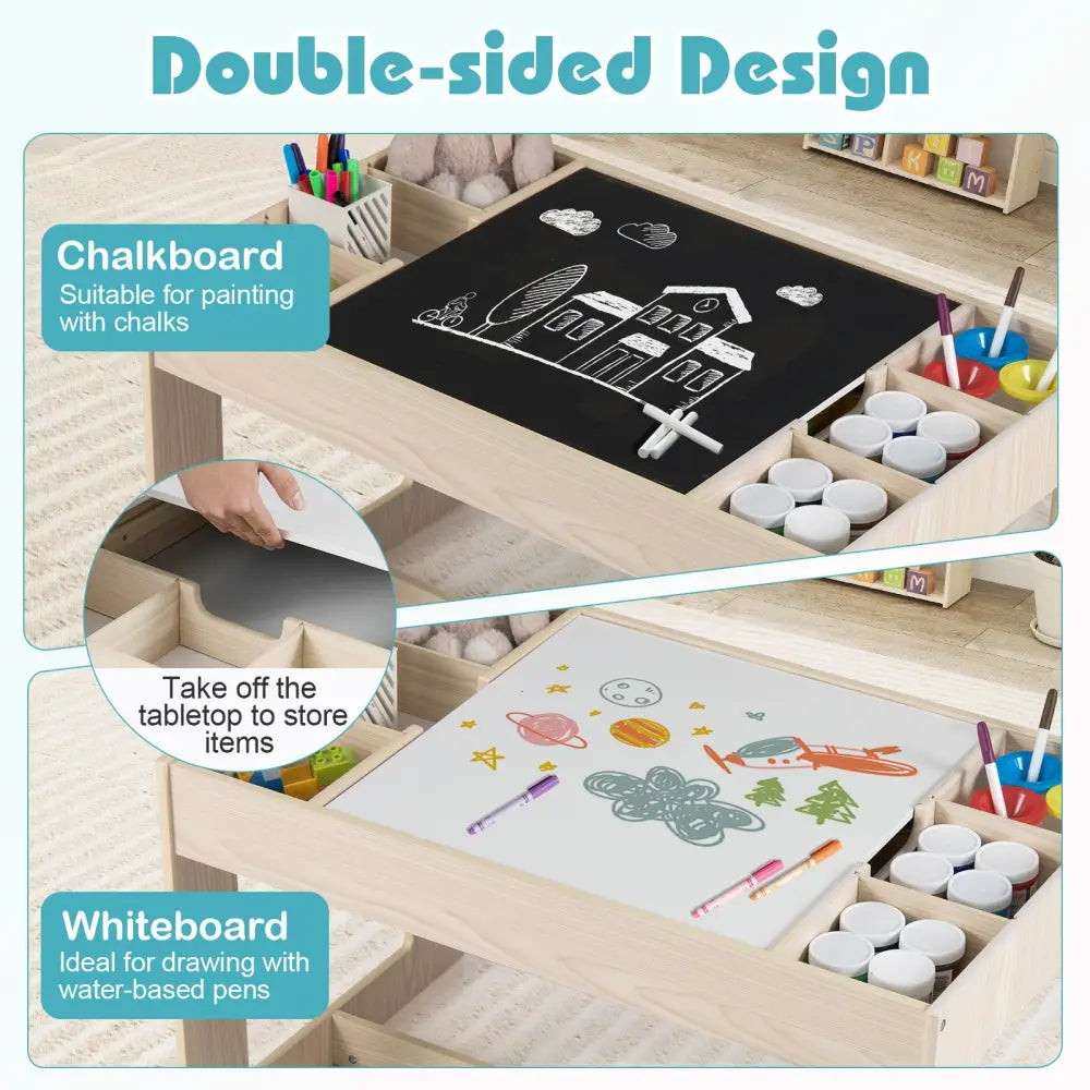 Multifunctional Kids Table and 2 Chairs Set with Chalkboard-Natural - Natural - Kids Table & Chair Sets