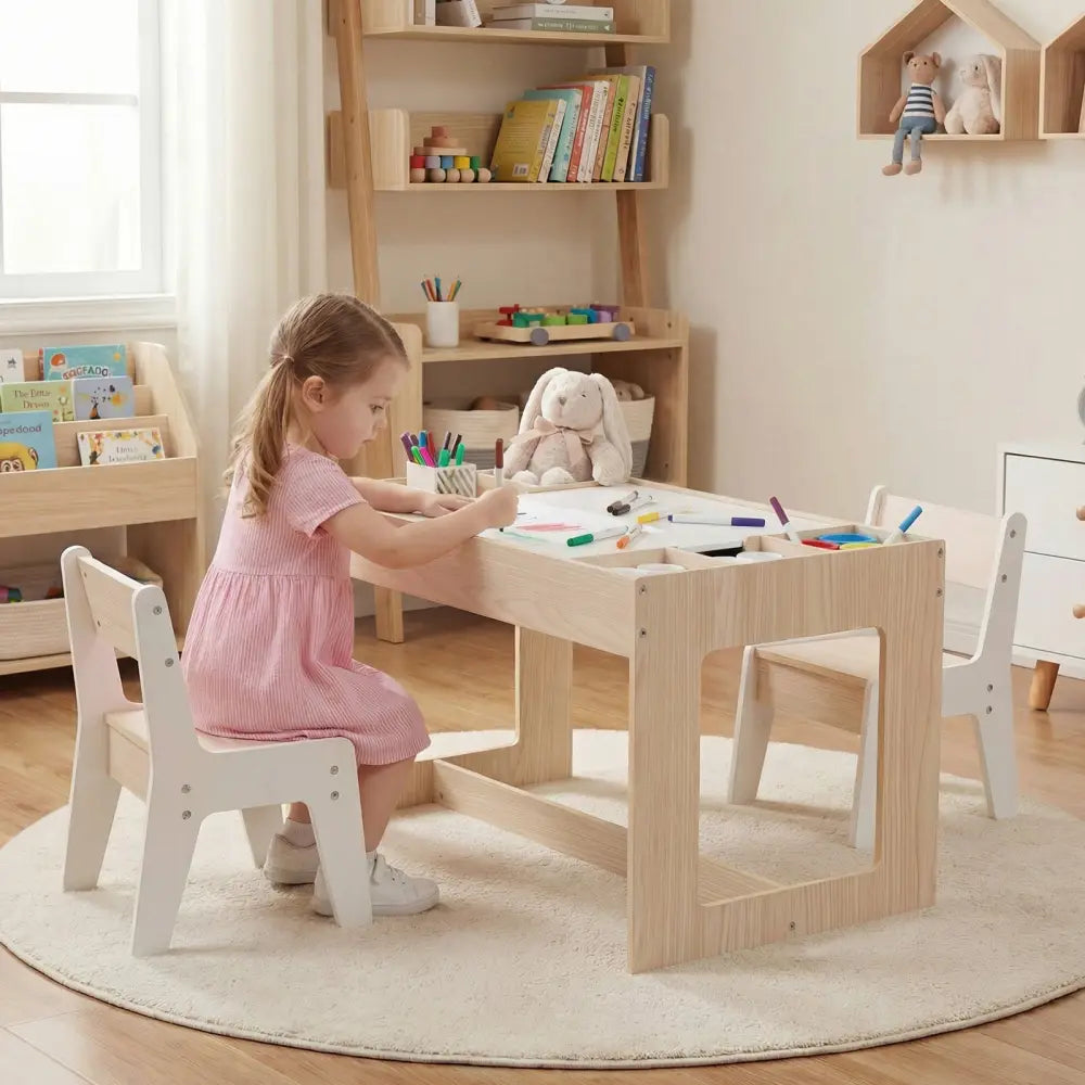 Multifunctional Kids Table and 2 Chairs Set with Chalkboard-Natural - Natural - Kids Table & Chair Sets