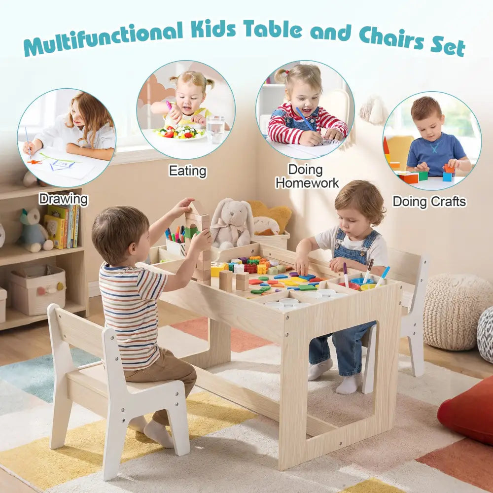 Multifunctional Kids Table and 2 Chairs Set with Chalkboard-Natural - Natural - Kids Table & Chair Sets