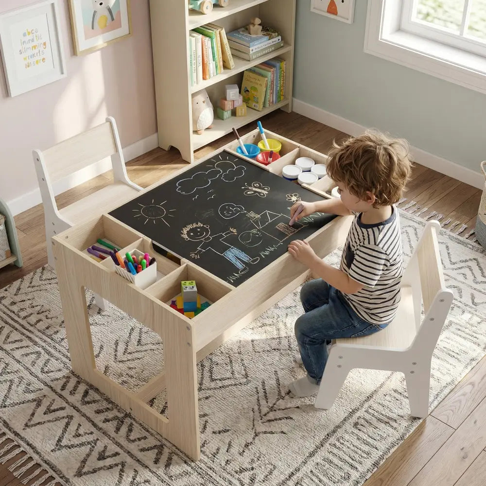 Multifunctional Kids Table and 2 Chairs Set with Chalkboard-Natural - Natural - Kids Table & Chair Sets