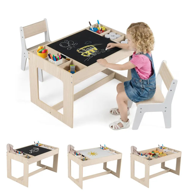 Multifunctional Kids Table and 2 Chairs Set with Chalkboard-Natural - Natural - Kids Table & Chair Sets