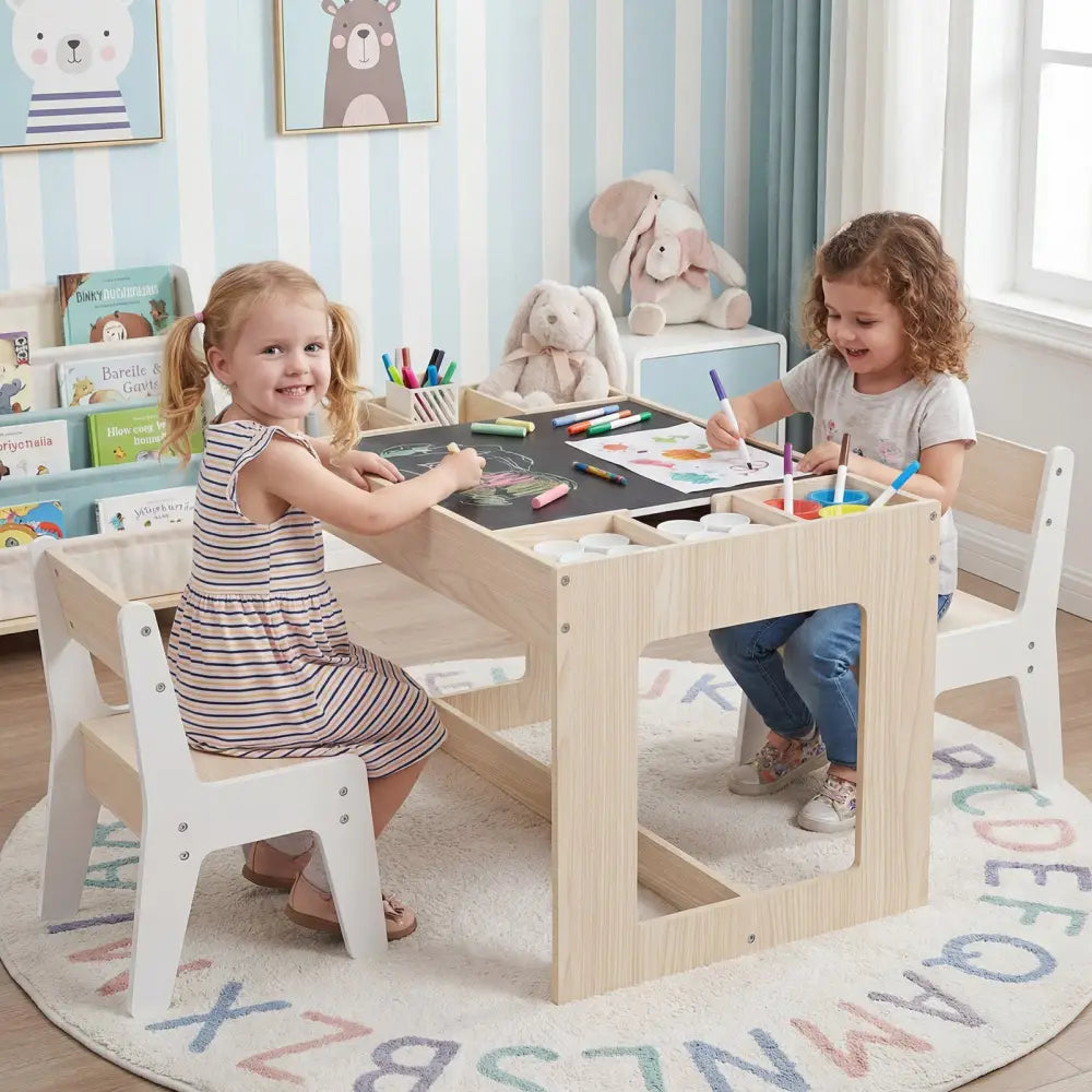 Multifunctional Kids Table and 2 Chairs Set with Chalkboard-Natural - Natural - Kids Table & Chair Sets